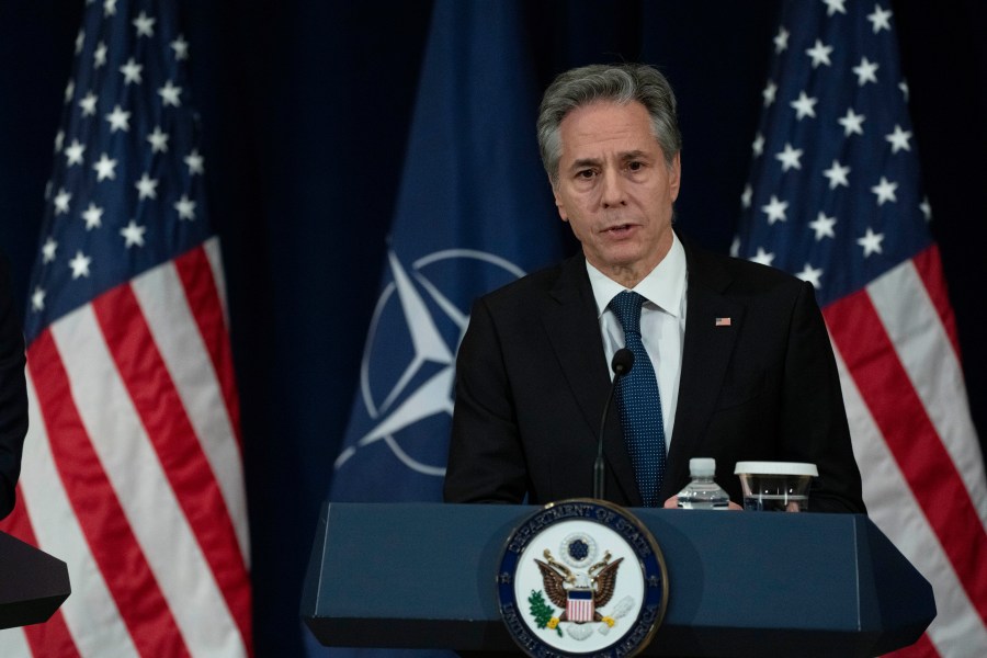 Secretary of State Antony Blinken speaks during a news conference with NATO Secretary General Jens Stoltenberg at the State Department, Monday, Jan. 29, 2024, in Washington. (AP Photo/Manuel Balce Ceneta)