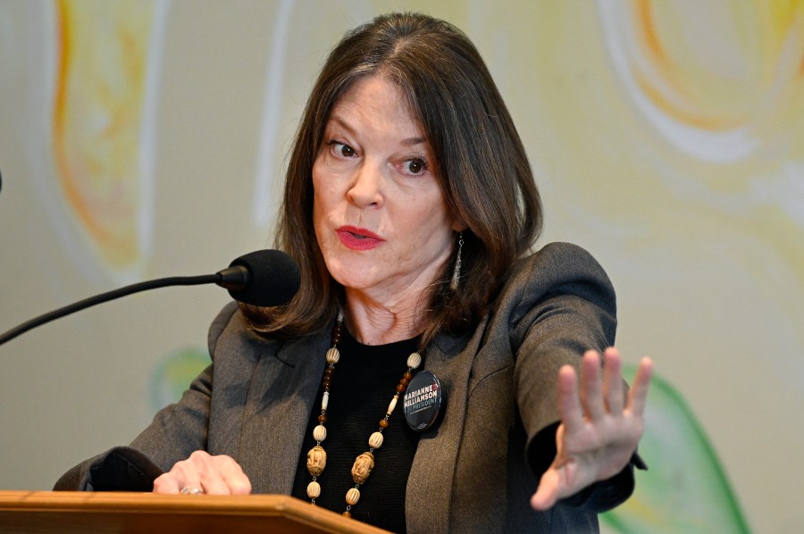 FILE - Democratic presidential candidate Marianne Williamson speaks at The Interfaith Center for Spiritual Growth, Sept. 10, 2023, in Ann Arbor, Mich. Williamson has suspended her campaign, ending her long-shot challenge to President Joe Biden. (AP Photo/Jose Juarez)