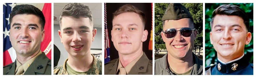 This combo of images provided by the Marine Corps shows, from left, Capt. Jack Casey, 26, of Dover, N.H., Lance Cpl. Donovan Davis, 21, of Olathe, Kan., Sgt. Alec Langen, 23, of Chandler, Ariz., Capt. Benjamin Moulton, 27, of Emmett, Idaho, and Capt. Miguel Nava, 28, of Traverse City, Mich. The the five Marines were killed when their CH-53E Super Stallion helicopter went down in the mountains outside San Diego during a historic storm Tuesday night, Feb. 6, 2024. (Marine Corps via AP)