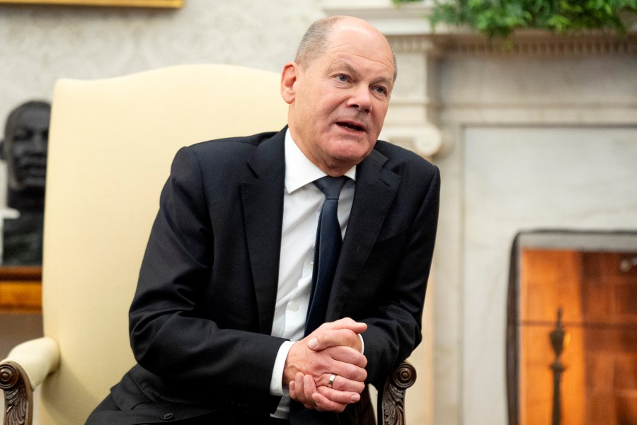 German Chancellor Olaf Scholz speaks during a meeting with President Joe Biden in the Oval Office of the White House, Friday, Feb. 9, 2024, in Washington. (AP Photo/Andrew Harnik)