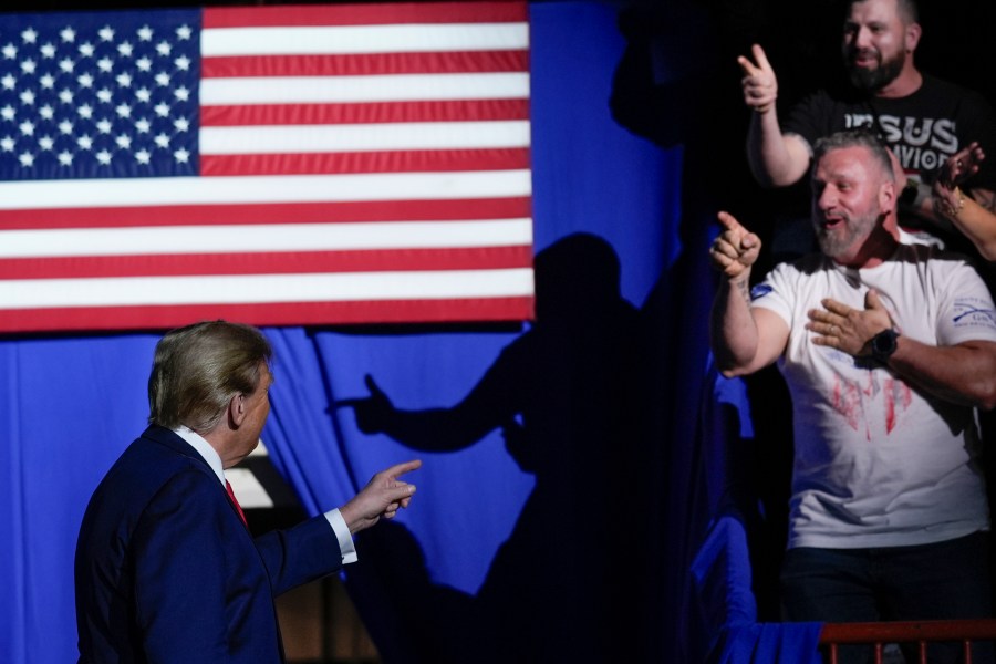 Republican presidential candidate former President Donald Trump arrives to speak at the National Rifle Association's Presidential Forum in Harrisburg, Pa., Friday, Feb. 9, 2024. (AP Photo/Matt Rourke)