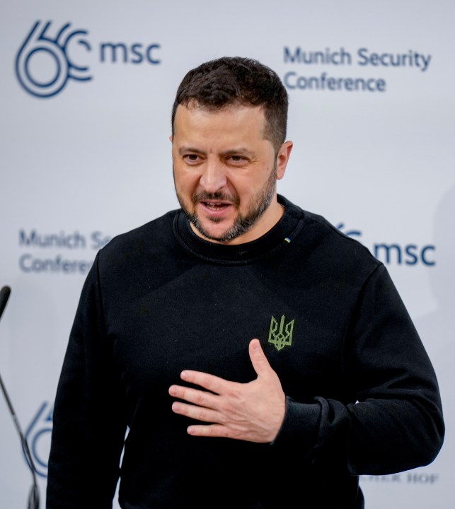 Ukrainian President Volodymyr Zelenskyy delivers a speech at the Munich Security Conference at the Bayerischer Hof Hotel in Munich, Germany, Saturday, Feb. 17, 2024. The 60th Munich Security Conference (MSC) is taking place from Feb. 16 to Feb. 18, 2024. (AP Photo/Matthias Schrader)