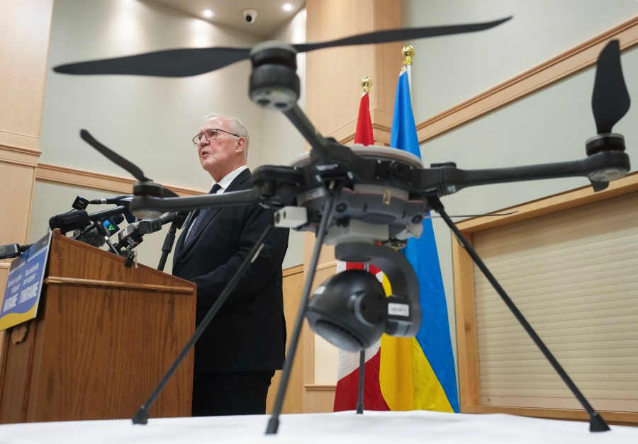 Minister of National Defence Bill Blair makes an announcement regarding additional SkyRanger R70 drone support to Ukraine in Toronto, Monday, Feb. 19, 2024. (Nathan Denette/The Canadian Press via AP)