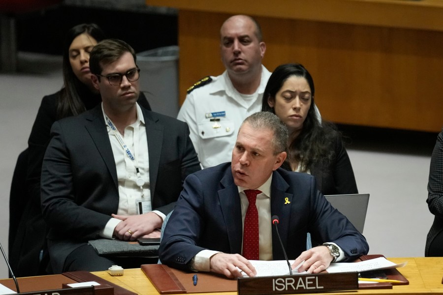 Gilad Erdan, Israeli Ambassador to the United Nations, speaks during a Security Council meeting at United Nations headquarters, Tuesday, Feb. 20, 2024. (AP Photo/Seth Wenig)