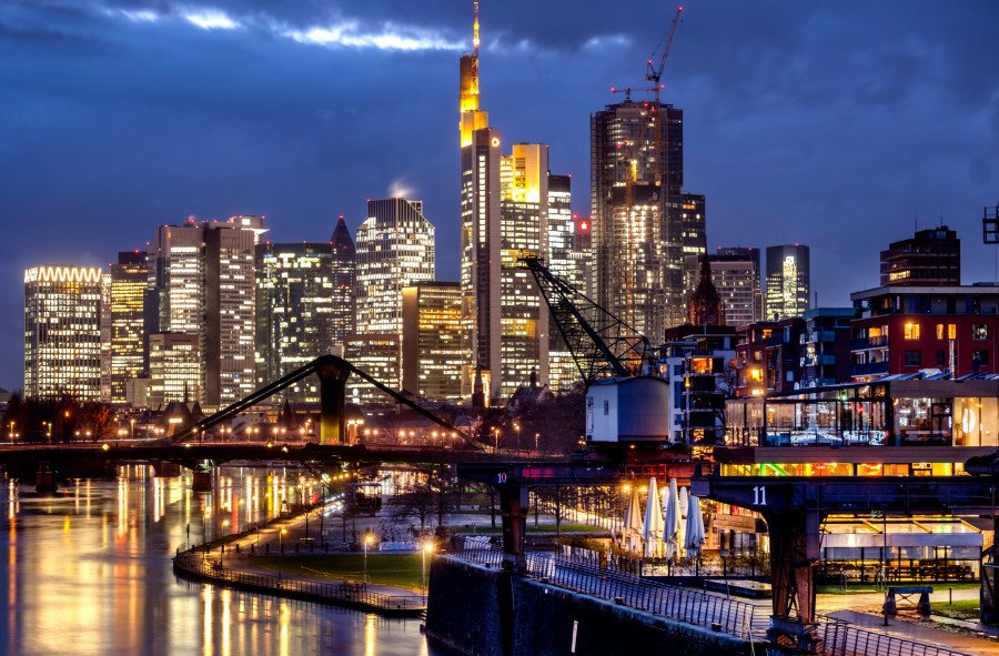 FILE - The buildings of the banking district are pictured in Frankfurt, Germany, on Feb. 19, 2024. Germany businesses remain mired in pessimism despite a small uptick in the latest survey, as Europe's largest economy struggles with shortages of skilled labor, slower global trade, and political squabbling. (AP Photo/Michael Probst)