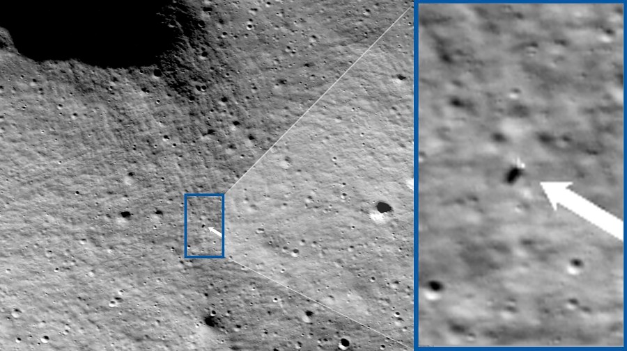 These photos provided by NASA show images from NASA’s Lunar Reconnaissance Orbiter Camera team which confirmed Odysseus completed its landing. After traveling more than 600,000 miles, Odysseus landed within 1.5 km of its intended Malapert A landing site, using a contingent laser range-finding system patched hours before landing. (NASA/Goddard/Arizona State University via AP)