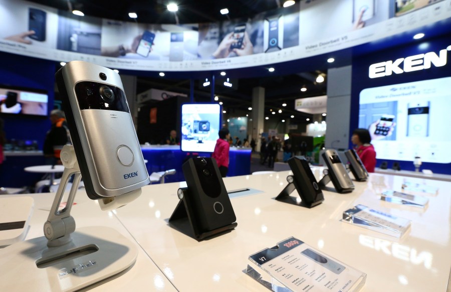 FILE - An EKEN doorbell camera, along with other models, are shown on display at CES International, Jan. 10, 2019, in Las Vegas. Some doorbell cameras sold by Amazon and other online retailers have security flaws that could allow bad actors to view footage from the devices or control them completely, according to an investigation published Thursday, Feb. 29, 2024, by Consumer Reports. (AP Photo/Ross D. Franklin, File)