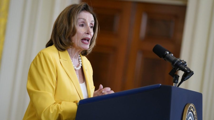 Representative Nancy Pelosi speaks at a press conference.