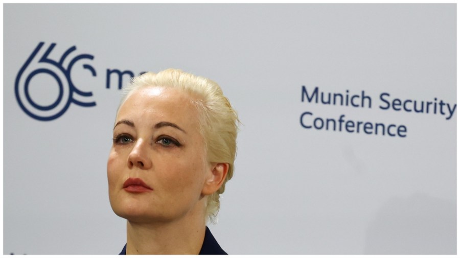 Yulia Navalnaya, wife of Russian opposition leader Alexei Navalny, reacts as she speaks during the Munich Security Conference, in Munich, Germany, Friday, Feb. 16, 2024. (Kai Pfaffenbach/Pool Photo via AP)