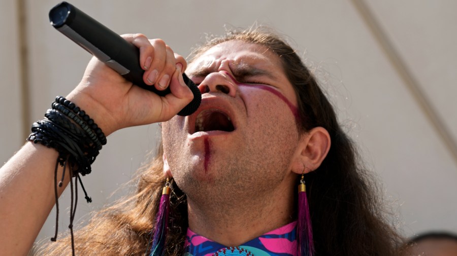 Big Wind Carpenter sings during an event for farmers at the COP28 U.N. Climate Summit, Sunday, Dec. 10, 2023, in Dubai, United Arab Emirates.