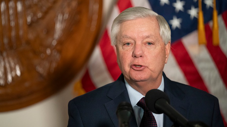 Senator Lindsey Graham speaks during a press conference held after a committee hearing about big tech and child exploitation.