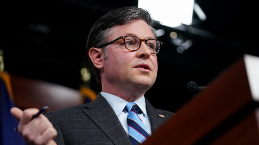 Speaker Mike Johnson (R-La.) speaks to reporters after a House Republican Conference meeting on Feb. 6, 2024.