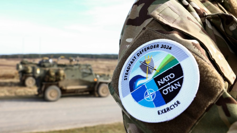 A soldier with a NATO Steadfast Defender patch during the North Atlantic Treaty Organization (NATO) Brilliant Jump 2024 exercise in Drawsko Pomorskie, Poland, on Monday, Feb. 26, 2024.