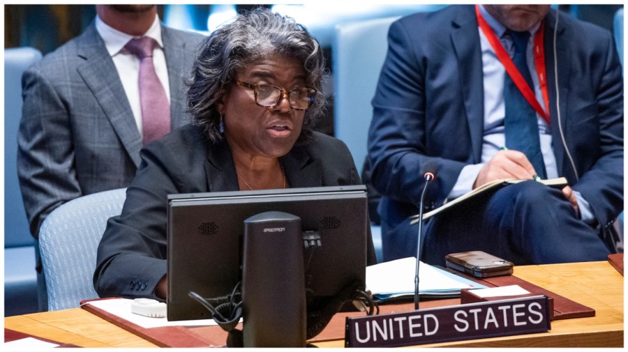 Linda Thomas-Greenfield, United States ambassador to the United Nations speaks during the UN Security Council meeting to discuss the maintenance of peace and security of Ukraine, Friday, July 21, 2023, at United Nations headquarters. (AP Photo/Eduardo Munoz Alvarez)