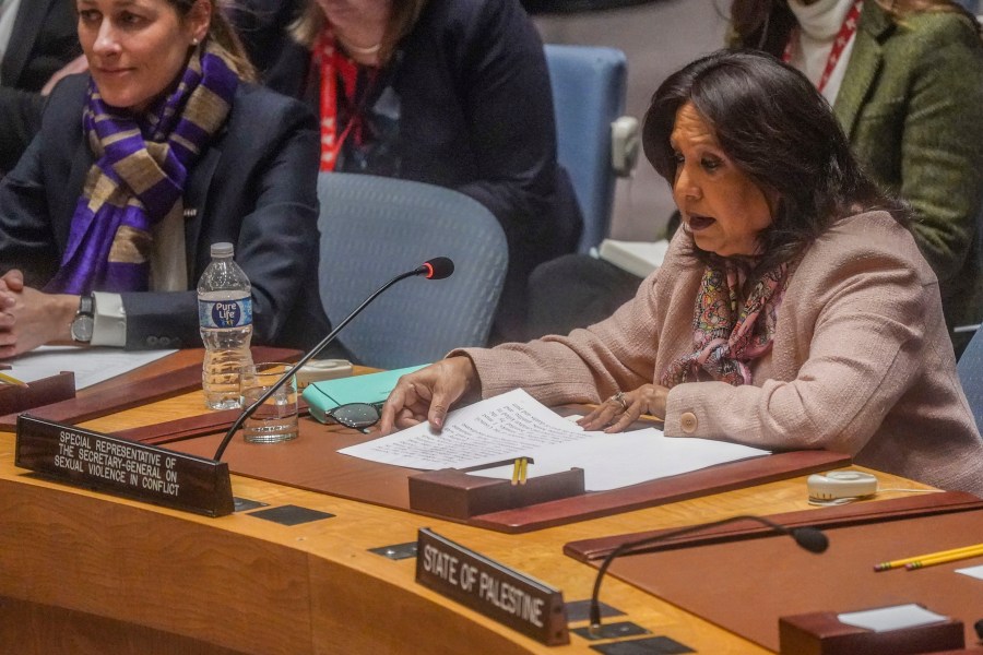 Pramila Patten, right, United Nations Special Representative of the Secretary-General on Sexual Violence in Conflict, addresses a meeting of the United Nations Security Council on the war in Gaza, Monday, March 11, 2024, at U.N. headquarters. (AP Photo/Bebeto Matthews)