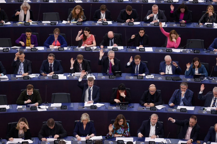 European Union lawmakers vote on an Artificial Intelligence Act at the European Parliament, Wednesday, March 13, 2024 in Strasbourg, eastern France. European Union lawmakers are set to give final approval to the 27-nation bloc's artificial intelligence law, putting the world-leading rules on track to take effect later this year. (AP Photo/Jean-Francois Badias)