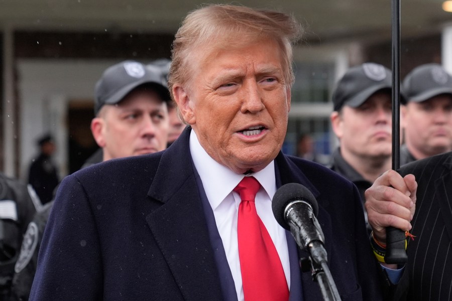 Former President Donald Trump speaks during a news conference after attending the wake of New York City police officer Jonathan Diller, Thursday, March 28, 2024, in Massapequa Park, N.Y. Diller was shot and killed Monday during a traffic stop, the city's mayor said. It marked the first slaying of an NYPD officer in two years. (AP Photo/Frank Franklin II)