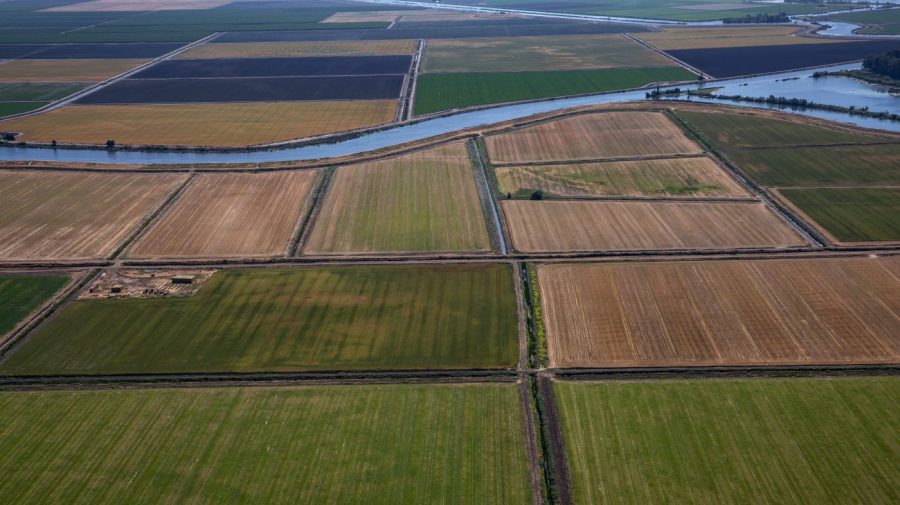 An irrigation canal runs through a patchwork of farmland.