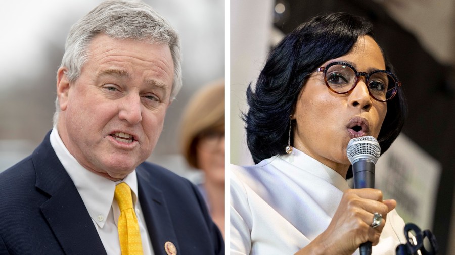 Seen left, Representative David Trone is seen speaking at a news conference. On the right, Angela Alsobrooks speaks at a campaign event.