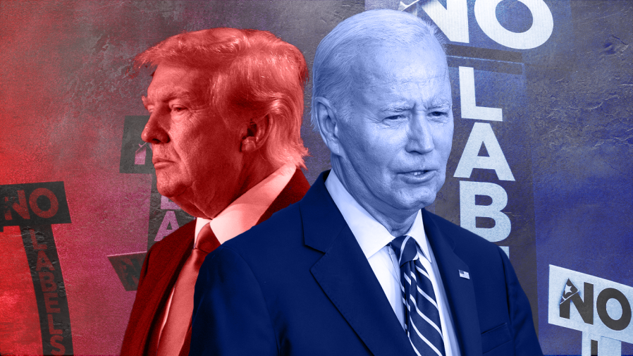 Donald Trump and Joe Biden are overlaid on a photo of "No Labels" signs.