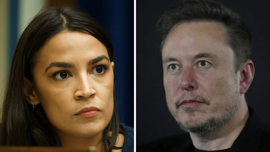 Representative Alexandria Ocasio-Cortez and Elon Musk are seen side by side in this composite image.