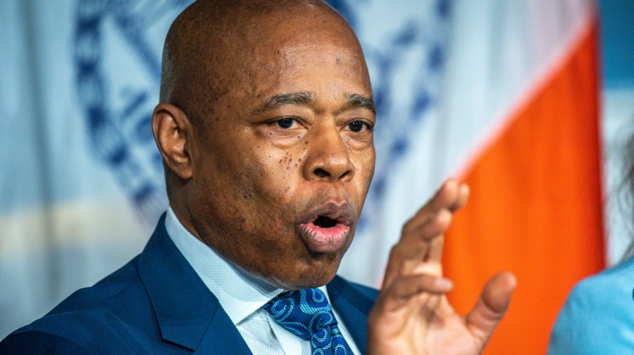 New York City Mayor Eric Adams speaks during a news conference at City Hall in New York, Tuesday, March 19, 2024.