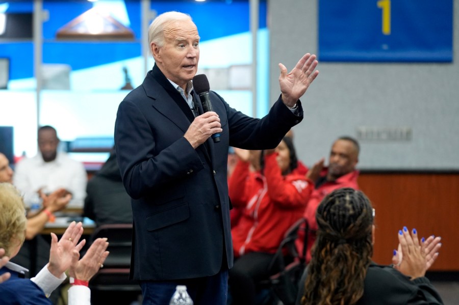 President Joe Biden meets with UAW members during a campaign stop, Feb. 1, 2024, in Warren, Mich.