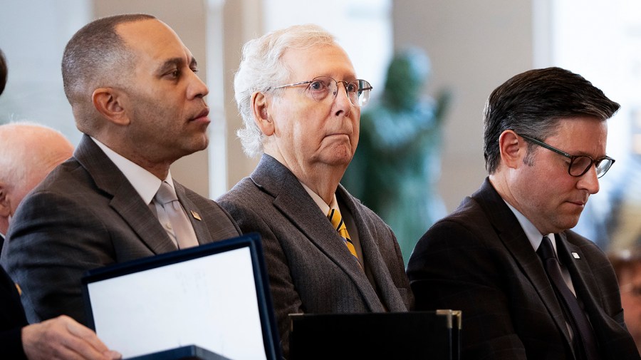 House Minority Leader Hakeem Jeffries (D-N.Y.), Senate Minority Leader Mitch McConnell (R-Ky.) and Speaker Mike Johnson (R-La.)