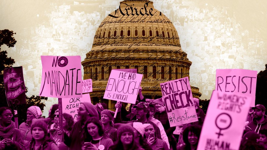 Pink-colored abortion protestors holding signs are superimposed on a cutout of the Capitol, which has an overlay of the Constitution. Behind the Capitol is an light-golden colored aerial view of abortion protestors at the Capitol.