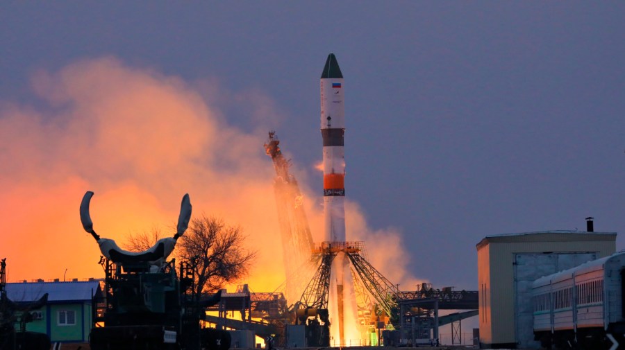 In this photo released by Roscosmos State Space Corporation, Russian Soyuz 2.1a with the Progress MS-26 cargo spaceship blasts off at the Russian leased Baikonur cosmodrome in Baikonur, Kazakhstan, on Thursday, Feb. 15, 2024.