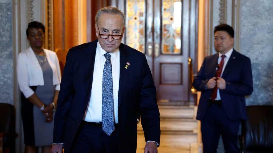 Senate Majority Leader Chuck Schumer (D-NY) departs from the Senate Chambers in the U.S. Capitol Building on March 14, 2024 in Washington, DC.