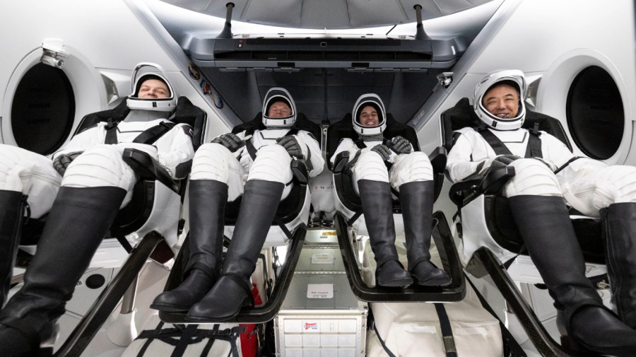 Russia cosmonaut Konstantin Borisov, left, ESA (European Space Agency) astronaut Andreas Mogensen, NASA astronaut Jasmin Moghbeli, and Japan Aerospace Exploration Agency (JAXA) astronaut Satoshi Furukawa are seen inside the SpaceX Dragon Endurance spacecraft onboard the SpaceX recovery ship MEGAN shortly after having landed in the Gulf of Mexico off the coast of Pensacola, Fla.,, Tuesday, March 12, 2024.