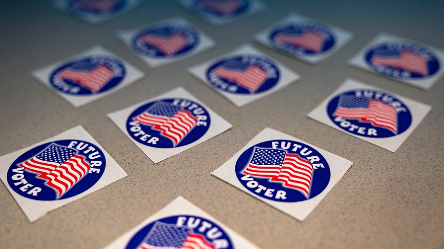 Election stickers are seen as primary voting takes place at Museum of Contemporary Art in Arlington, Va.