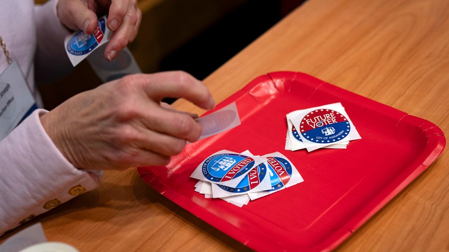 Election stickers are seen as primary voting takes place at Alexandria City Hall in Alexandria, Va.