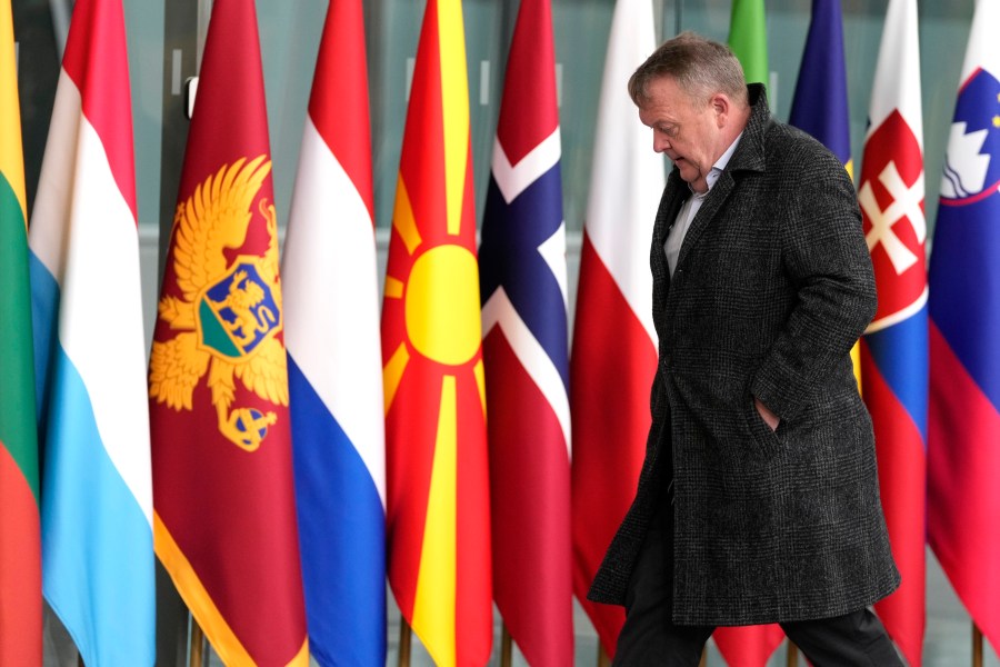 Denmark's Foreign Minister Lars Lokke Rasmussen arrives for a meeting of NATO foreign ministers at NATO headquarters in Brussels, Wednesday, April 3, 2024. NATO foreign ministers gathered in Brussels on Wednesday to debate plans to provide more predictable, longer-term support to Ukraine. (AP Photo/Virginia Mayo)