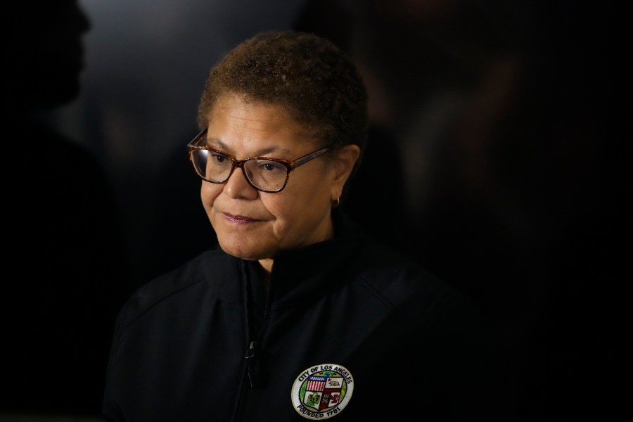 FILE - Los Angeles Mayor Karen Bass waits to speak during a news conference in Los Angeles, Jan. 24, 2023. Police in Los Angeles arrested a suspect following a break-in at Bass' home, early Sunday, April 21, 2024, officials said. (AP Photo/Marcio Jose Sanchez, File)