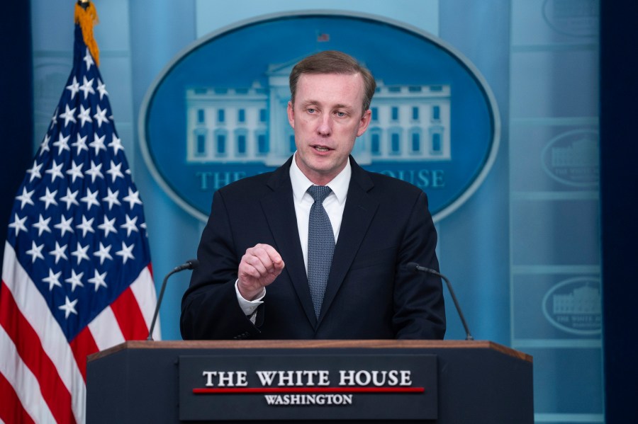 White House national security adviser Jake Sullivan speaks during a press briefing at the White House, Wednesday, April 24, 2024, in Washington. (AP Photo/Evan Vucci)