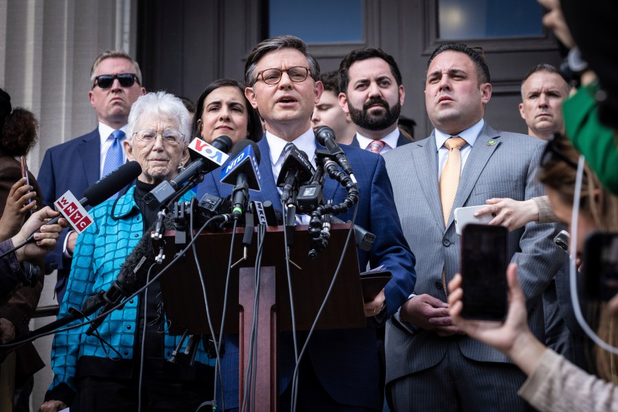 Speaker of the House Mike Johnson (R-LA) speaks to the media on the Lower Library steps on Columbia University's campus in New York on Wednesday April 24, 2024. (AP Photo/Stefan Jeremiah)