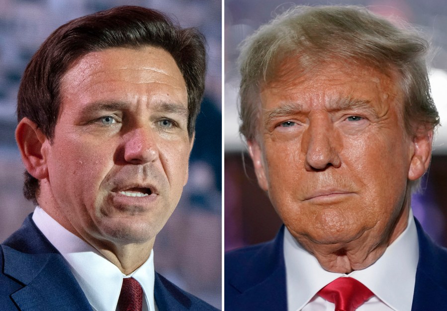 FILE - This combination of photos shows Florida Gov. Ron DeSantis speaking on July 17, 2023, in Arlington, Va., left, and former President Donald Trump speaking in Bedminster, N.J., June 13, 2023. Trump met privately with DeSantis over the weekend, according to two people familiar with the discussion, marking a detente between the former rivals after a brutal primary contest marked by insults and bruised egos. (AP Photo, File)