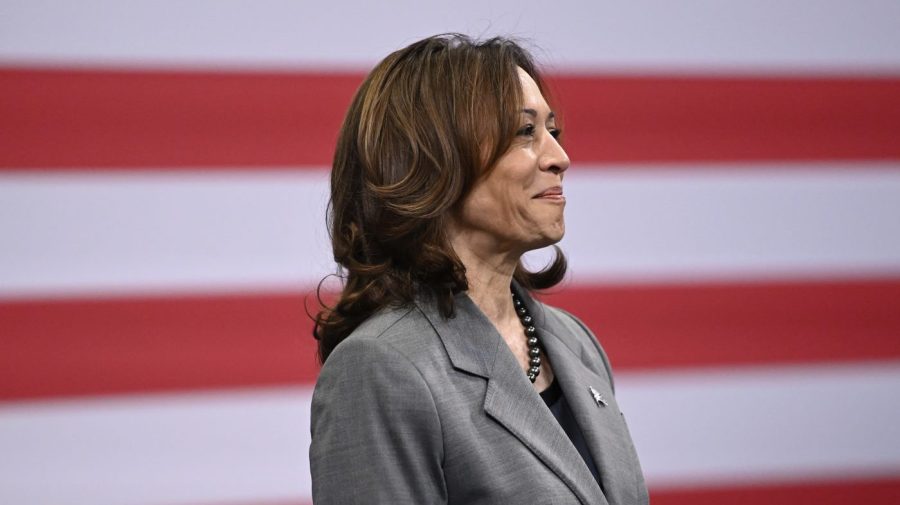 Vice President Harris smiles on stage in front of a large American flag image.