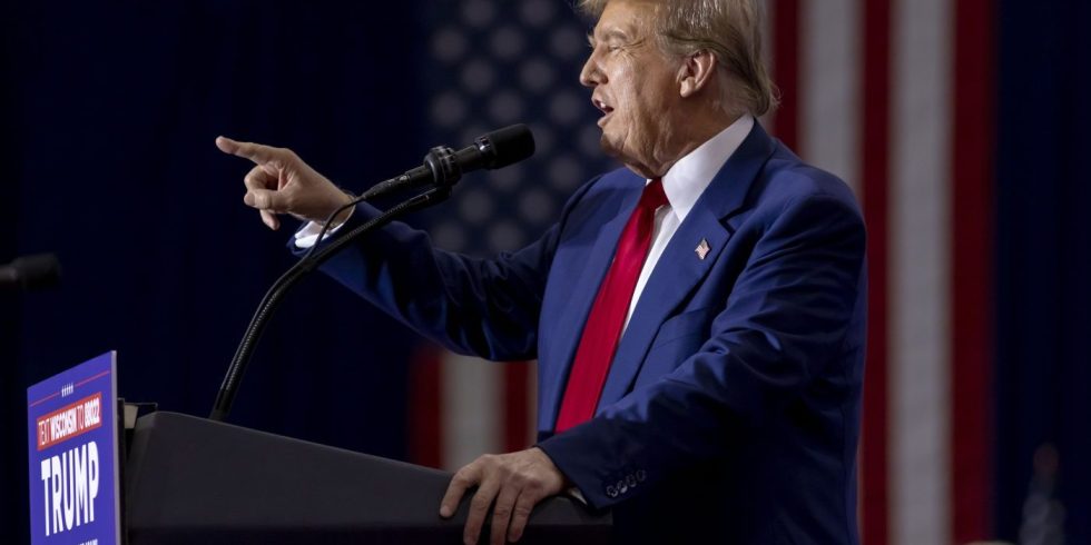 Republican presidential candidate former President Donald Trump speaks at a rally.