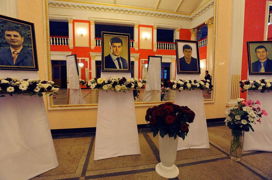 Portraits are displayed of four prominent eastern Ukraine Protestants killed by pro-Russian rebels.