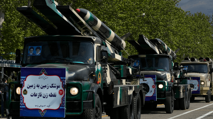 Missiles are carried on trucks during Army Day parade at a military base in northern Tehran, Iran, on April 17, 2024.