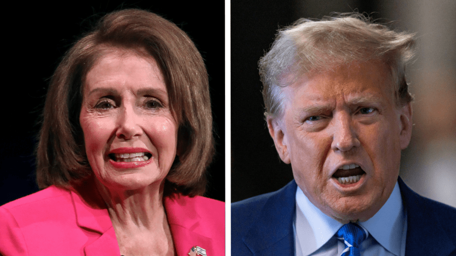 Speaker Emerita Nancy Pelosi and former President Trump appear side-by-side in this composite image.