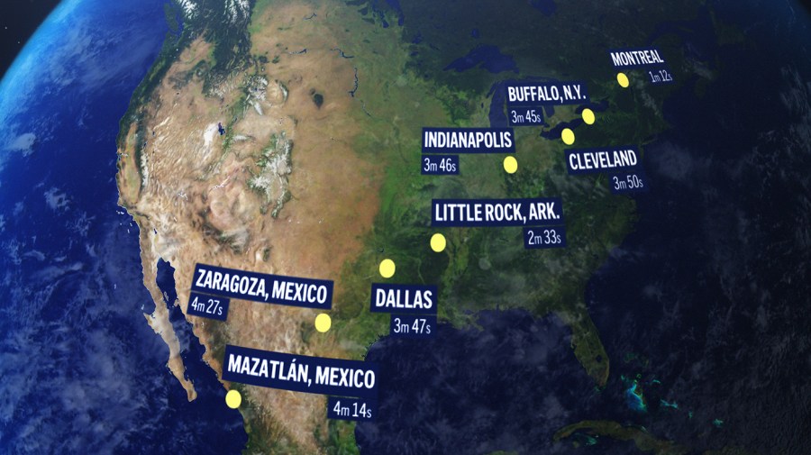 A map shows the different places the total solar eclipse will be visible from across North America.