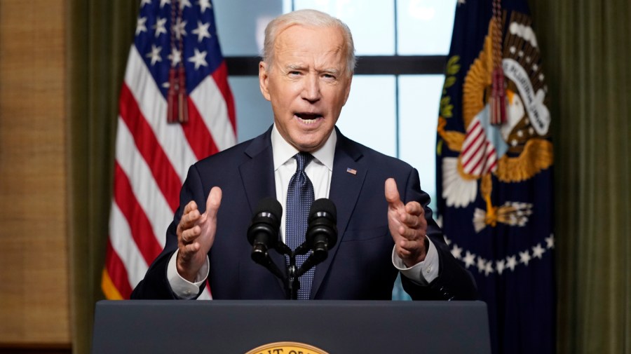 President Joe Biden speaks from the Treaty Room in the White House on April 14, 2021, about the withdrawal of the remainder of U.S. troops from Afghanistan.