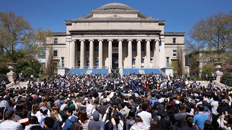 A faculty rally in favor of academic free speech is held in the main quad at Columbia University in New York