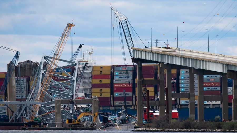 The collapsed Francis Scott Key Bridge and contained ship Dali