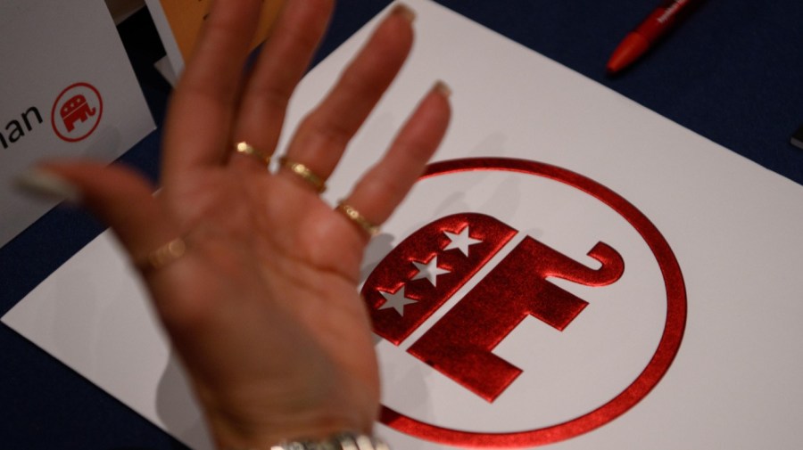 The Republican National Committee logo is seen embossed on paper.