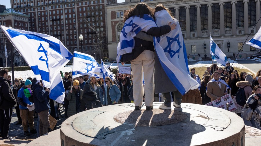 Students hold a rally in support of Israel and demand greater protection from anti-semitism on campus at Columbia University, February 14, 2024 in New York City.